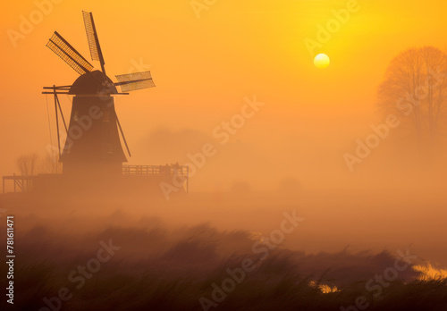 Windmill in foggy spring sunrise. Colorful landscape