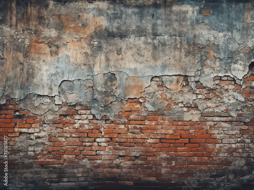 Creative background features dramatic grunge painted old wall with diagonal bricks