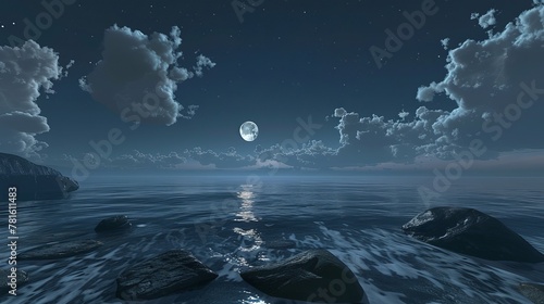 A night scene of the ocean with a moon and clouds. The ocean is calm and still, with a few rocks in the foreground. The sky is dark and starry.