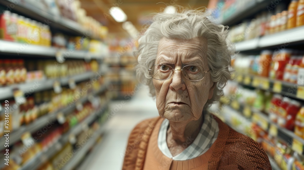 An elderly woman with curly gray hair and an angry expression wearing glasses stands in the aisle of a grocery store. In the background are blurry shelves filled with food items. An elderly woman with curly gray hair and an angry expression wearing glasses stands in the aisle of a grocery store. In the background are blurry shelves filled with food items.