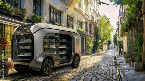 Futuristic electric delivery van parked on a charming European street