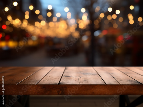 A caf? ambiance with vacant wooden tables and blurred surroundings photo