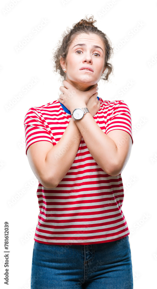 Beautiful brunette curly hair young girl wearing casual look over isolated background shouting and suffocate because painful strangle. Health problem. Asphyxiate and suicide concept. Beautiful brunette curly hair young girl wearing casual look over isolated background shouting and suffocate because painful strangle. Health problem. Asphyxiate and suicide concept.