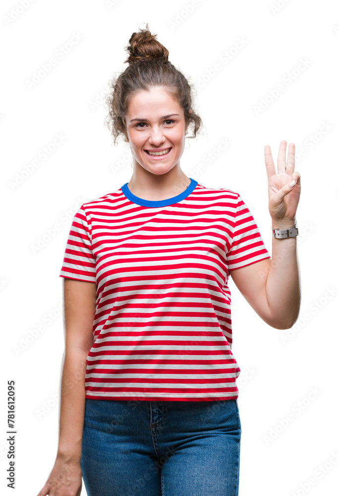 Beautiful brunette curly hair young girl wearing casual look over isolated background showing and pointing up with fingers number three while smiling confident and happy. Beautiful brunette curly hair young girl wearing casual look over isolated background showing and pointing up with fingers number three while smiling confident and happy.