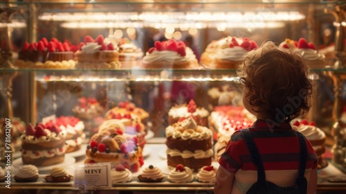 A young child wearing a red and black striped shirt looks longingly at a display of cupcakes in a glass case. photo