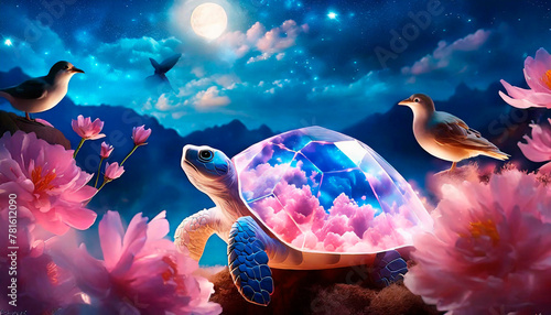 Transparent crystal turtle shell with fantasy landscape inside, flowery meadow above, peach-colored flowers and colorful birds. World Turtle Day.