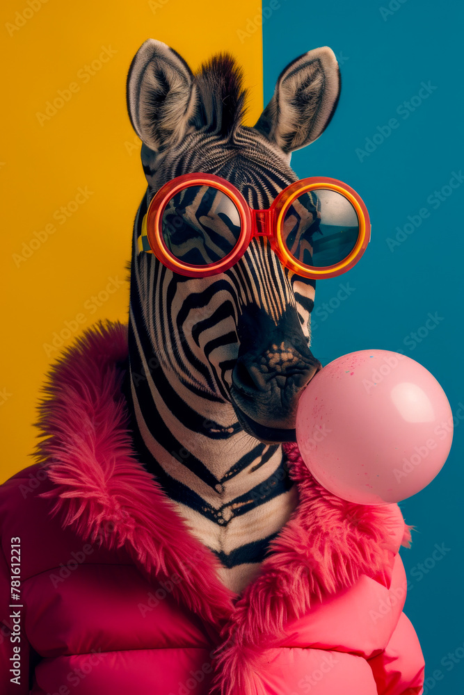 Naklejka premium Zebra in pink clothes blowing bubblegum balloon and wearing sunglasses