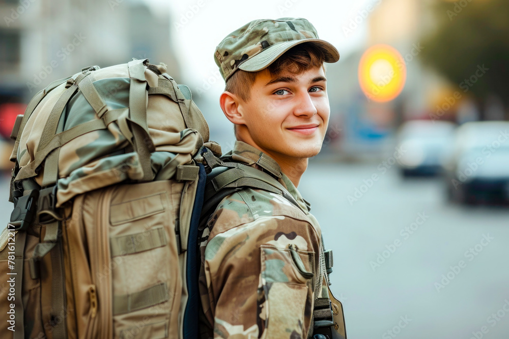 A young man in a military uniform is smiling and wearing a backpack