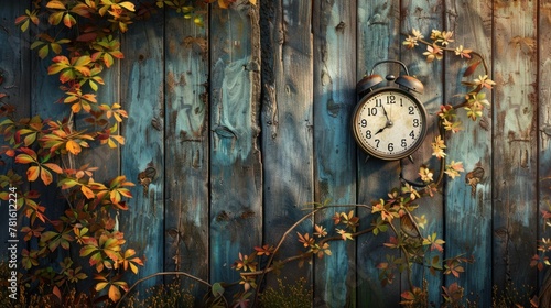 An old alarm clock is hanging on a wooden fence, with vines and autumn leaves surrounding it.