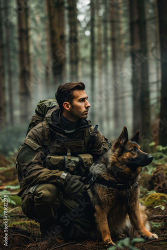 Military man with German shepherd dog in the forest