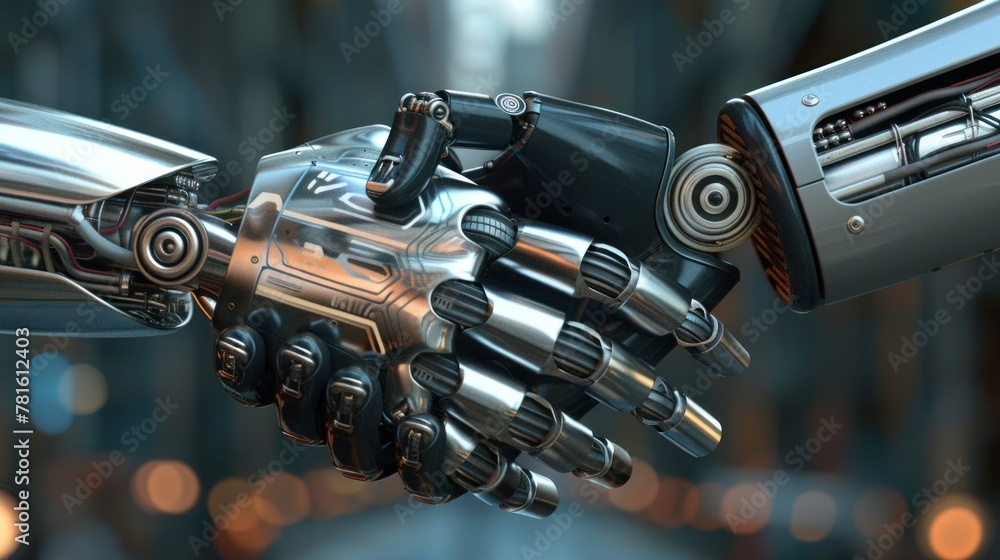Fototapeta premium Two metal robot hands in a handshake. The background is blurred, lights are visible in the distance.