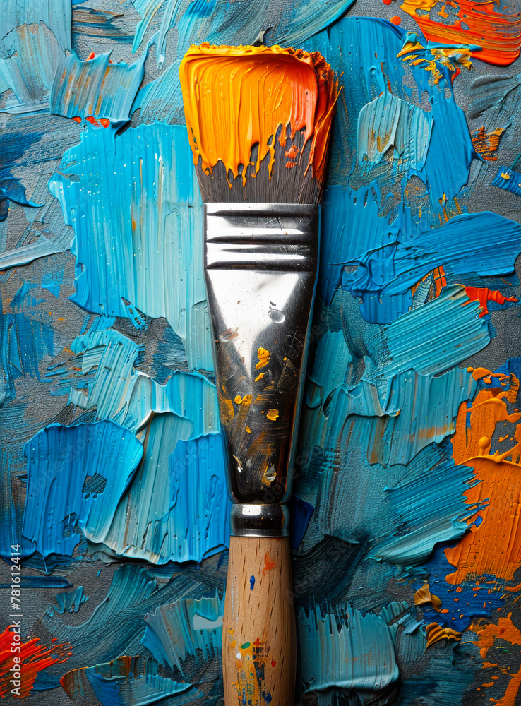 Brush and palette with blue and orange paint
