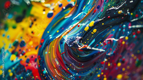 Extreme close-up of a paintbrush handle covered in splatters of various colors, showcasing a creative process in action. photo
