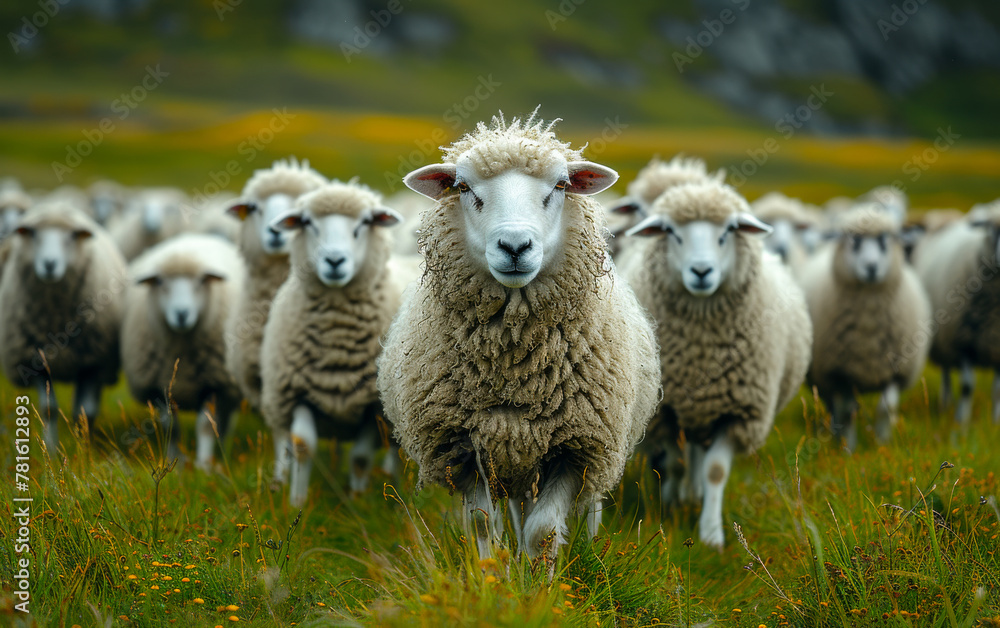 Naklejka premium Large herd of sheep. A sheep herd on grassy background