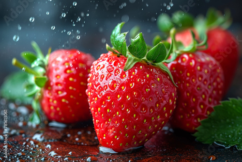 Fresh strawberries with drops of water on dark background close up