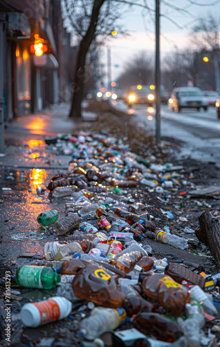 Plastic bottles and other trash on city sidewalk after rain storm