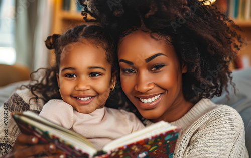 Happy mother and daughter reading book together at home.