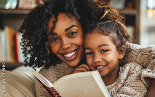 Happy mother and daughter reading book together at home.