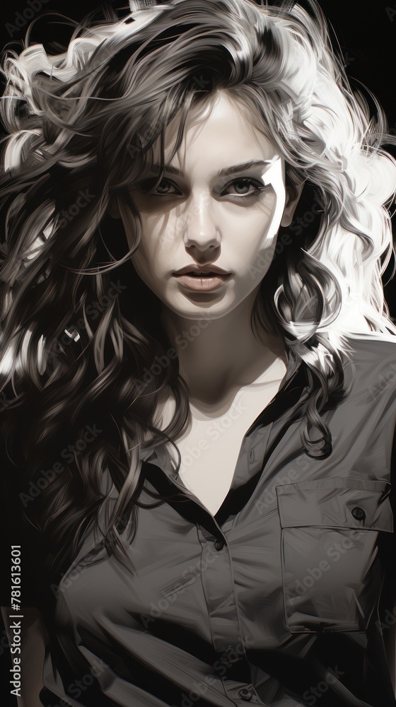 A woman with curly hair wearing a collared shirt. She looks into the distance with a serious expression on her face. A woman with curly hair wearing a collared shirt. She looks into the distance with a serious expression on her face.