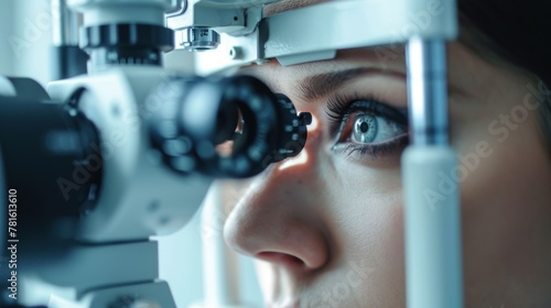 A woman with bright blue eyes is looking through an eye test machine.