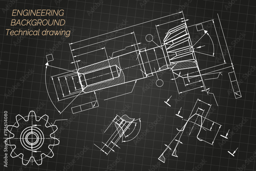 Mechanical engineering drawings on black background. Tap tools, borer. Technical Design. Cover. Blueprint. Vector illustration. Mechanical engineering drawings on black background. Tap tools, borer. Technical Design. Cover. Blueprint. Vector illustration.