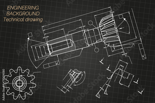 Mechanical engineering drawings on black background. Tap tools, borer. Technical Design. Cover. Blueprint. Vector illustration.