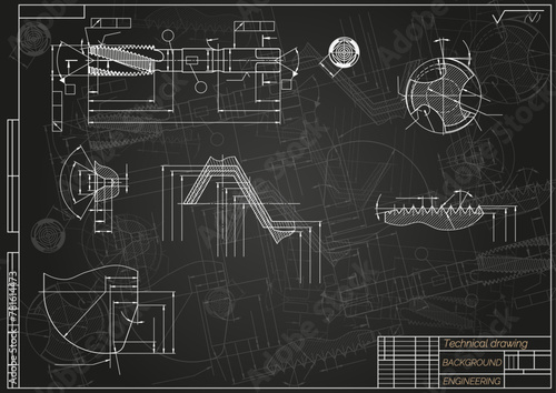 Mechanical engineering drawings on black background. Tap tools, borer. Technical Design. Cover. Blueprint. Vector illustration.