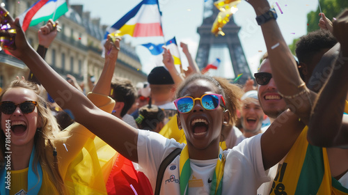 Diverse group of ecstatic fans from various countries sharing a moment of celebration during the Olympics 2024 in France with the Eiffel tower in the background