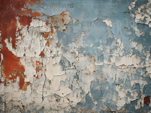 Grunge background showcasing texture of peeling paint with cracks and rust spots