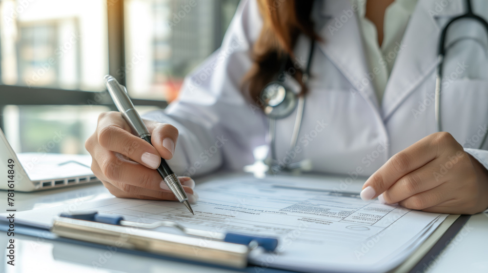 Female doctor writing a prescription to her patient or filling out a health insurance application form in a medical clinic, healthcare concept. Female doctor writing a prescription to her patient or filling out a health insurance application form in a medical clinic, healthcare concept.