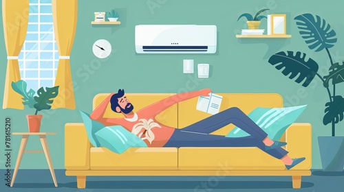 A young man is relaxing or working at home on the couch with the air conditioning on. The illustration shows how air cooling and climate control can help us stay comfortable in our homes. photo