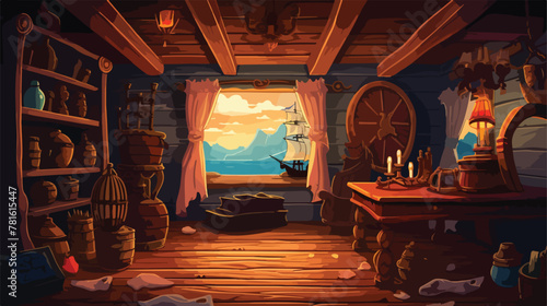 Old pirate ship inside at sunset. Wooden boat capta photo