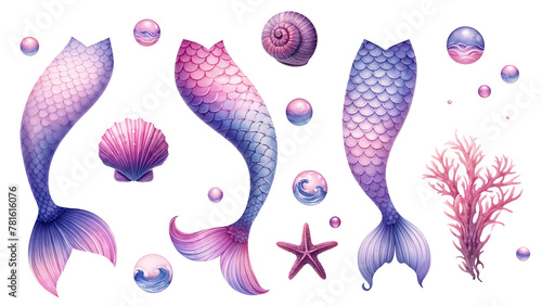 Vibrant Mermaid Tail Collection with Seashells and Coral Mythical Sea Creatures Illustration, Transparent Background