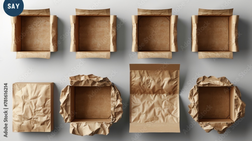 Various three-dimensional collage packaging box mockups isolate on white background
