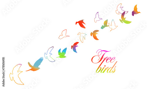 Colored birds. A flock of flying rainbow birds. Not AI, Vector illustration