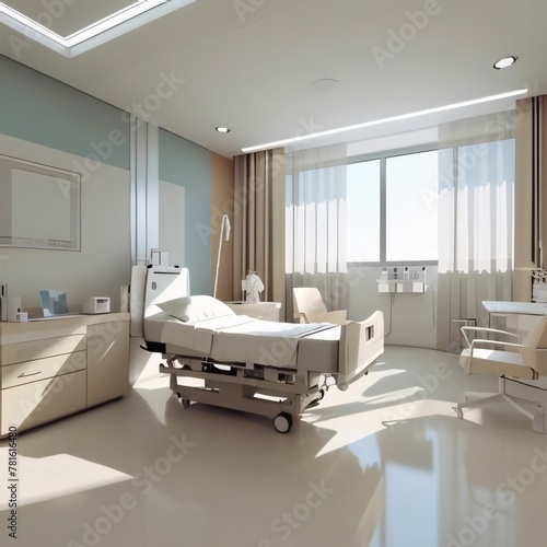 Interior of a modern hospital room with a bed. 3d render