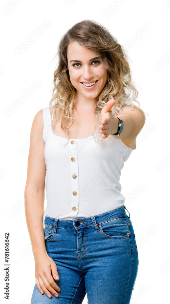 Young beautiful blonde woman over isolated background smiling friendly offering handshake as greeting and welcoming. Successful business. Young beautiful blonde woman over isolated background smiling friendly offering handshake as greeting and welcoming. Successful business.