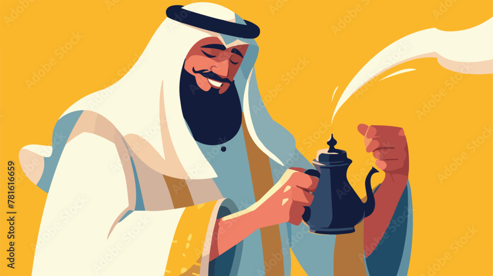 Old Style Hand Drawn Arabic man holding Arabic Coff