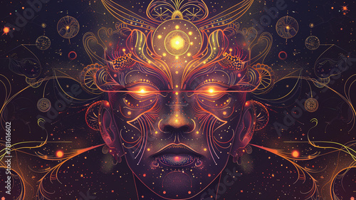 A celestial guardian graphical vector face with celestial motifs and a sense of divine authority  watching over the cosmos.