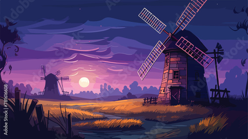 Old windmill in night summer field. Vector cartoon photo