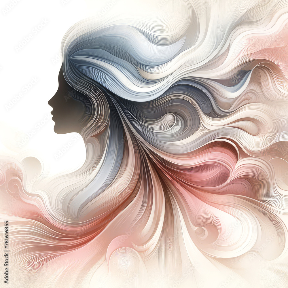 Enigmatic silhouette of woman face with beauty hair, flowing wave-like patterns. From the silhouette, waves of color cascade outward, evoking sense of ethereal beauty, fashion industry concept
