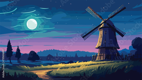 Old windmill in night summer field. Vector cartoon