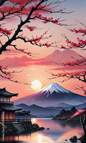 Japanese pagoda set against iconic Mount Fuji  capturing essence of traditional Japanese landscape  architecture. For art  creative projects  fashion  style  advertising campaigns  web design  print.