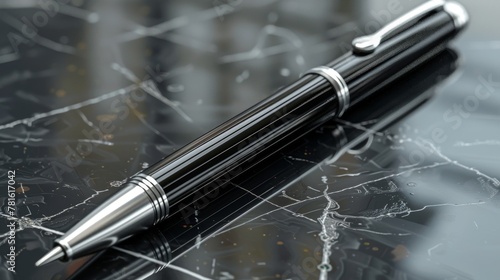 A shining ballpoint pen close-up on a mirror gray background. Ballpoint pen3D render. Writing affiliation. photo
