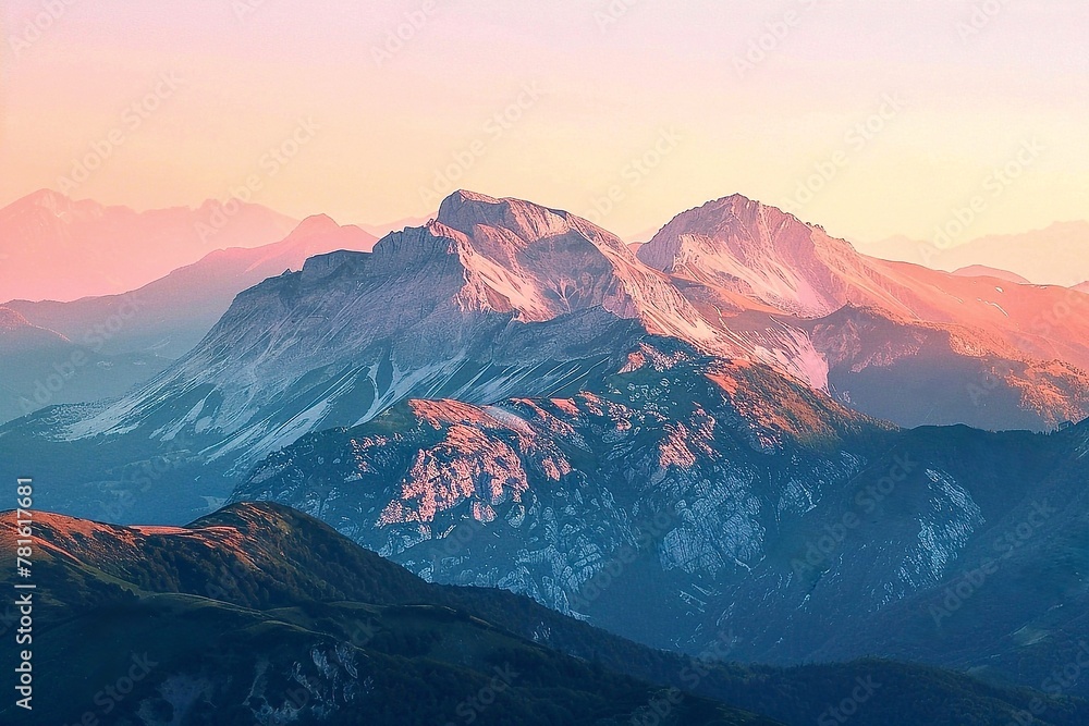 Mountain landscape at sunrise. View from the top of the mountain range.