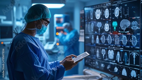 Portrait of surgeon using digital tablet while standing in operating room at hospital