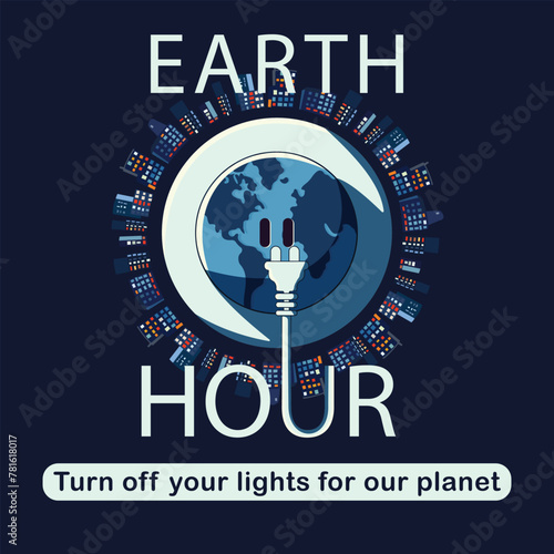 Save the earth with switch off the light for 1 hour to save energy Earth hour. Vector illustration.
