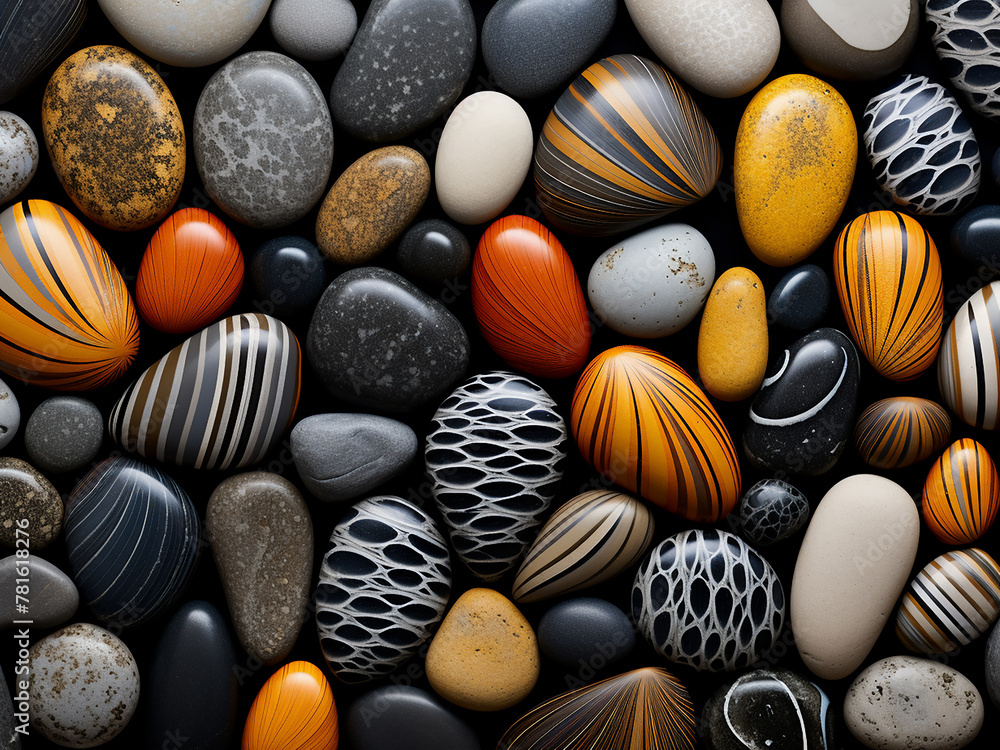 Abstract patterns adorn various natural stones Abstract patterns adorn various natural stones
