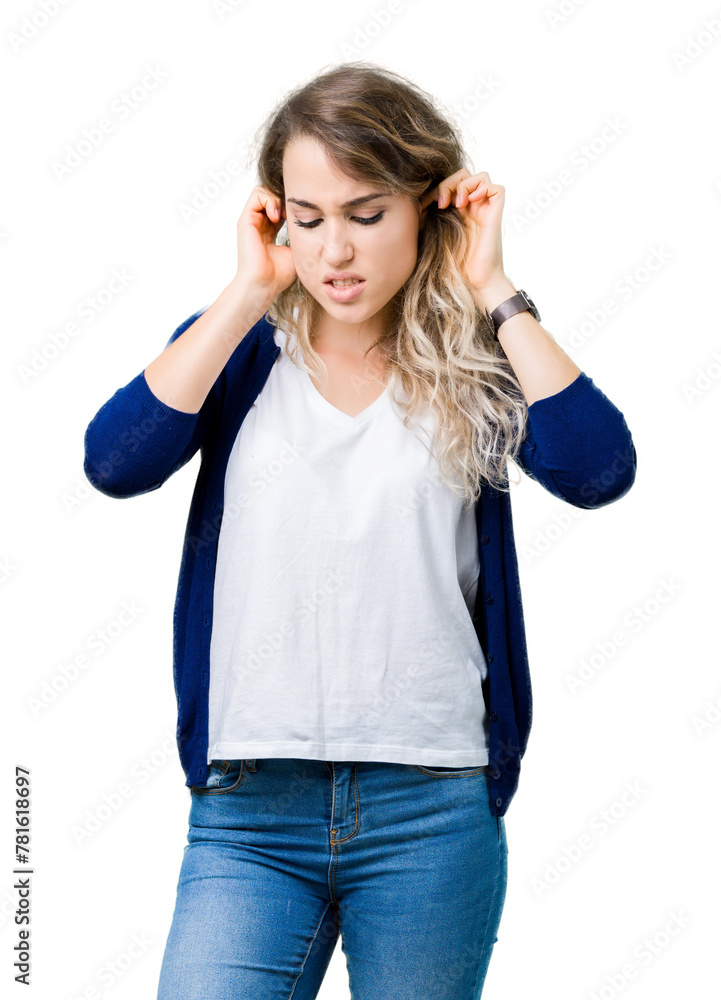 Beautiful young blonde woman over isolated background covering ears with fingers with annoyed expression for the noise of loud music. Deaf concept. Beautiful young blonde woman over isolated background covering ears with fingers with annoyed expression for the noise of loud music. Deaf concept.