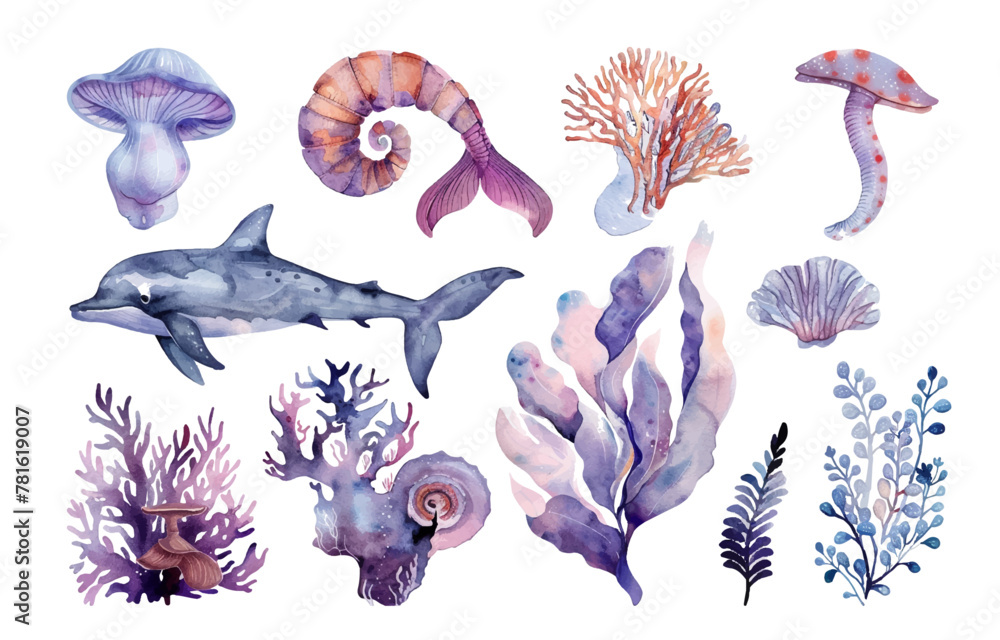 Fototapeta premium sea underwater world set, isolated vector watercolor illustration.